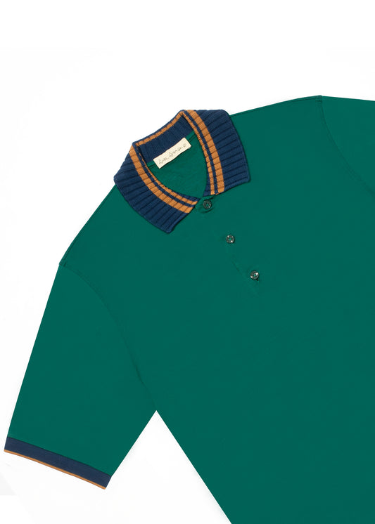 LISLE COTTON POLO SHIRT WITH KNITTED STRIPE-TRIMMED COLLAR