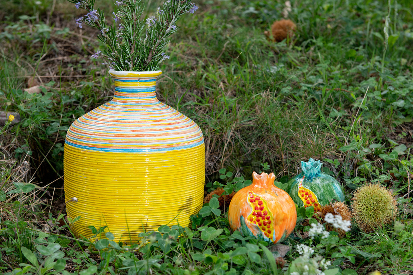 TRIDIMENSIONAL STRIPED HAND-PAINTED CERAMIC GINGER JAR