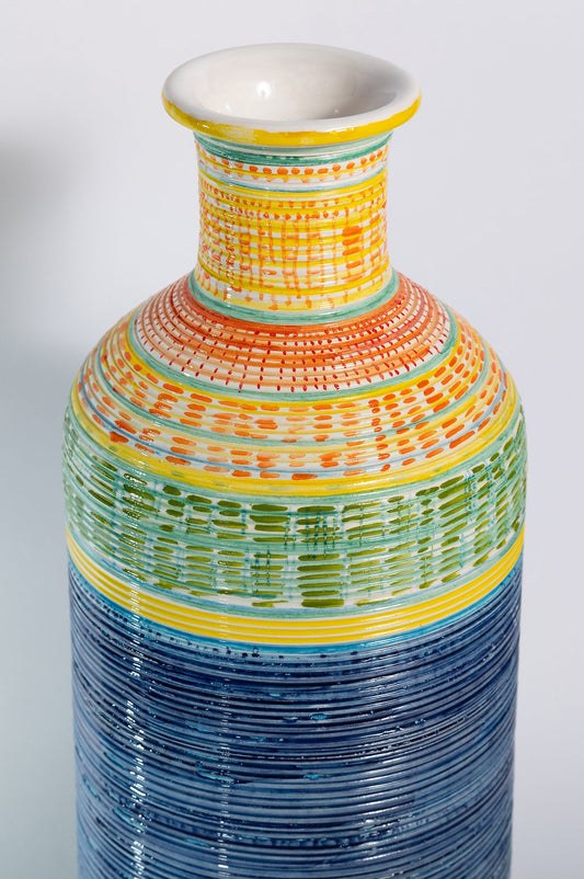 TRIDIMENSIONAL STRIPED HAND-PAINTED CERAMIC BOTTLE VASE