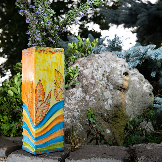 “LEAVES FANTASY” HAND-PAINTED CERAMIC PARALLELEPIPED VASE