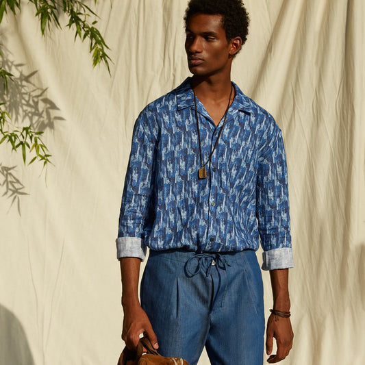 CAMP COLLAR PRINTED LINEN SHIRT