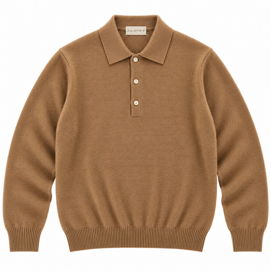 CASHMERE LONG-SLEEVE POLO - CAMEL
