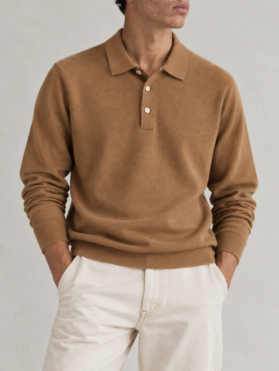 CASHMERE LONG-SLEEVE POLO - CAMEL
