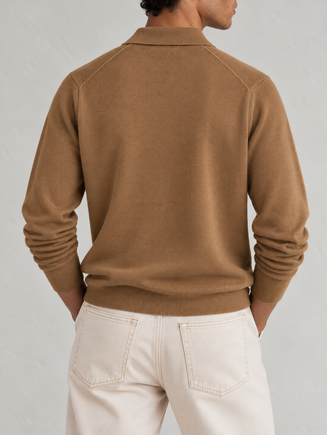 CASHMERE LONG-SLEEVE POLO - CAMEL