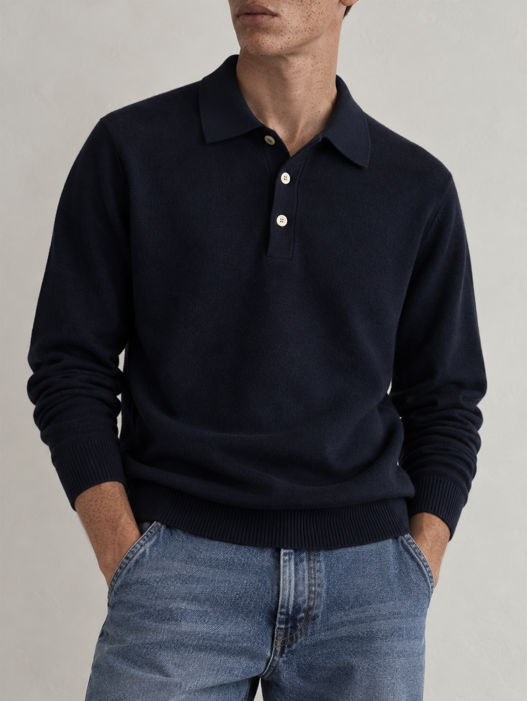 CASHMERE LONG-SLEEVE POLO - NAVY