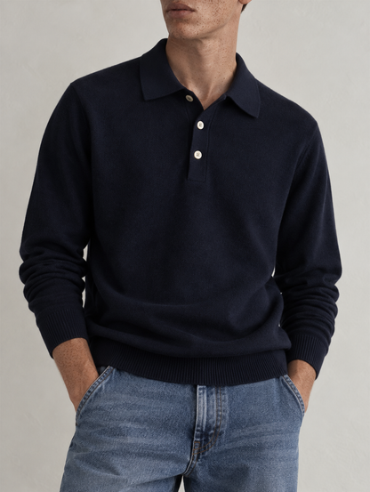 CASHMERE LONG-SLEEVE POLO - NAVY