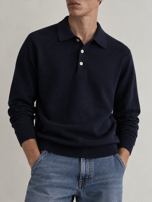 CASHMERE LONG-SLEEVE POLO - NAVY