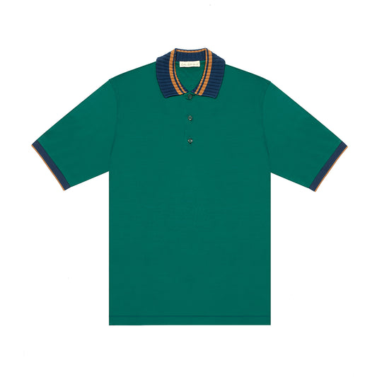 LISLE COTTON POLO SHIRT WITH KNITTED STRIPE-TRIMMED COLLAR