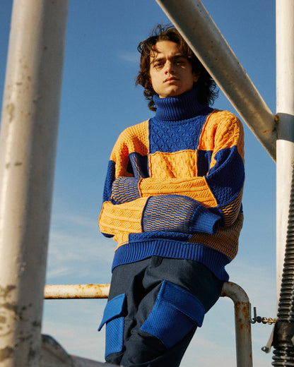 MERINO EXTRAFINE HAND KNIT PATCHWORK SWEATER
